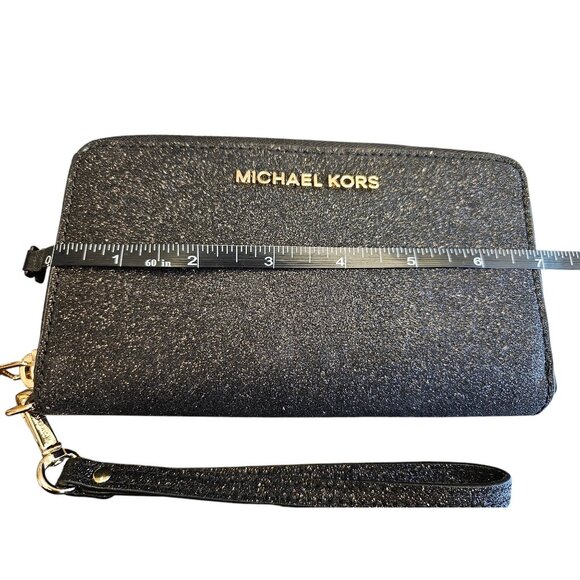 New Michael Kors Large Flat Multifunction Phone Case Wristlet Blk Glitter Wallet - Picture 6 of 16
